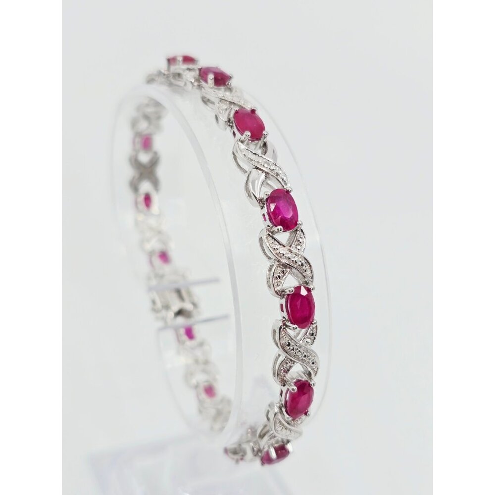 Unique 925 Sterling Silver Rhodium Plated Ruby Tennis Link Bracelet 7.25" Length